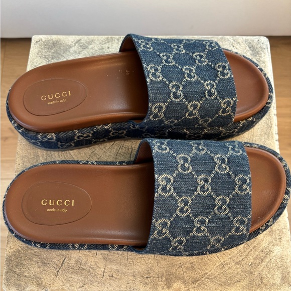 Gucci Denim GG Jacquard Slide Sandals - Blue and Brown - Picture 5 of 5